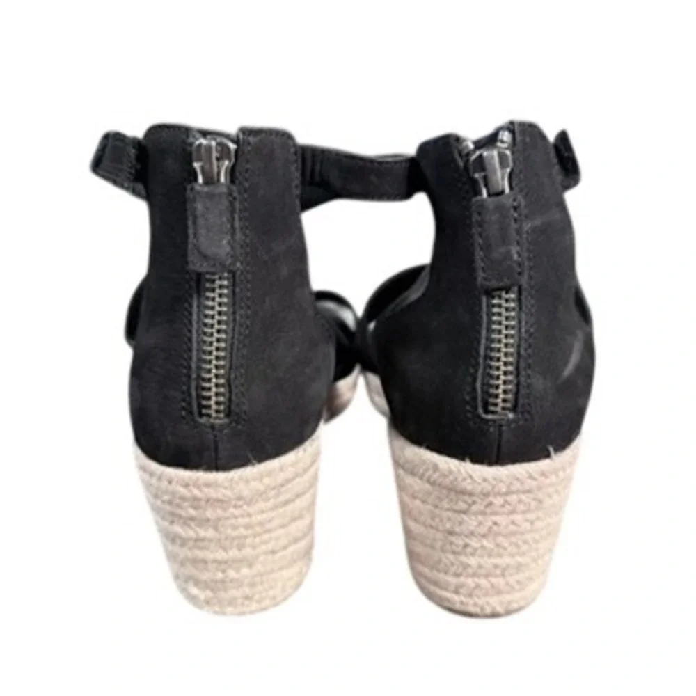 Eileen Fisher Wedge Sandals Womens 9 Black Suede Espadrille‎ Willow Strappy Zip